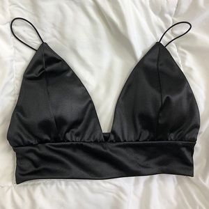 Black Satin V-Neck Crop Top